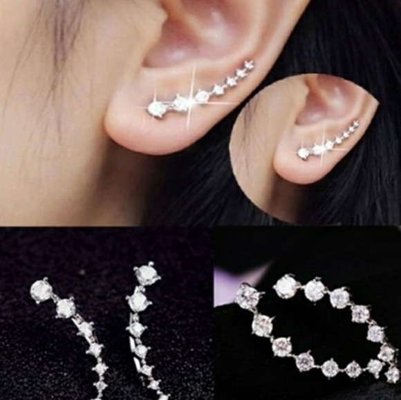 Silver Rhinestone Ear Climber Earrings - Picture 2 of 5